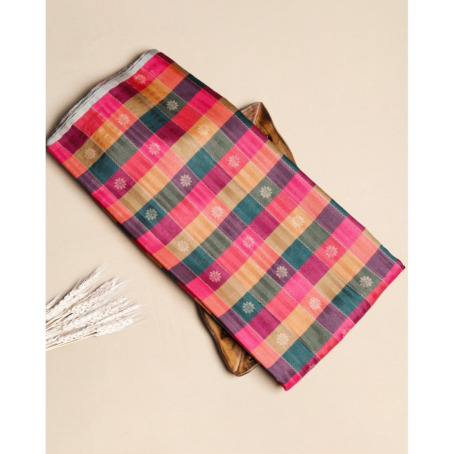 SEMI TUSSAR SILK SLUB MADRAS CHECKS KATTAM FABRIC