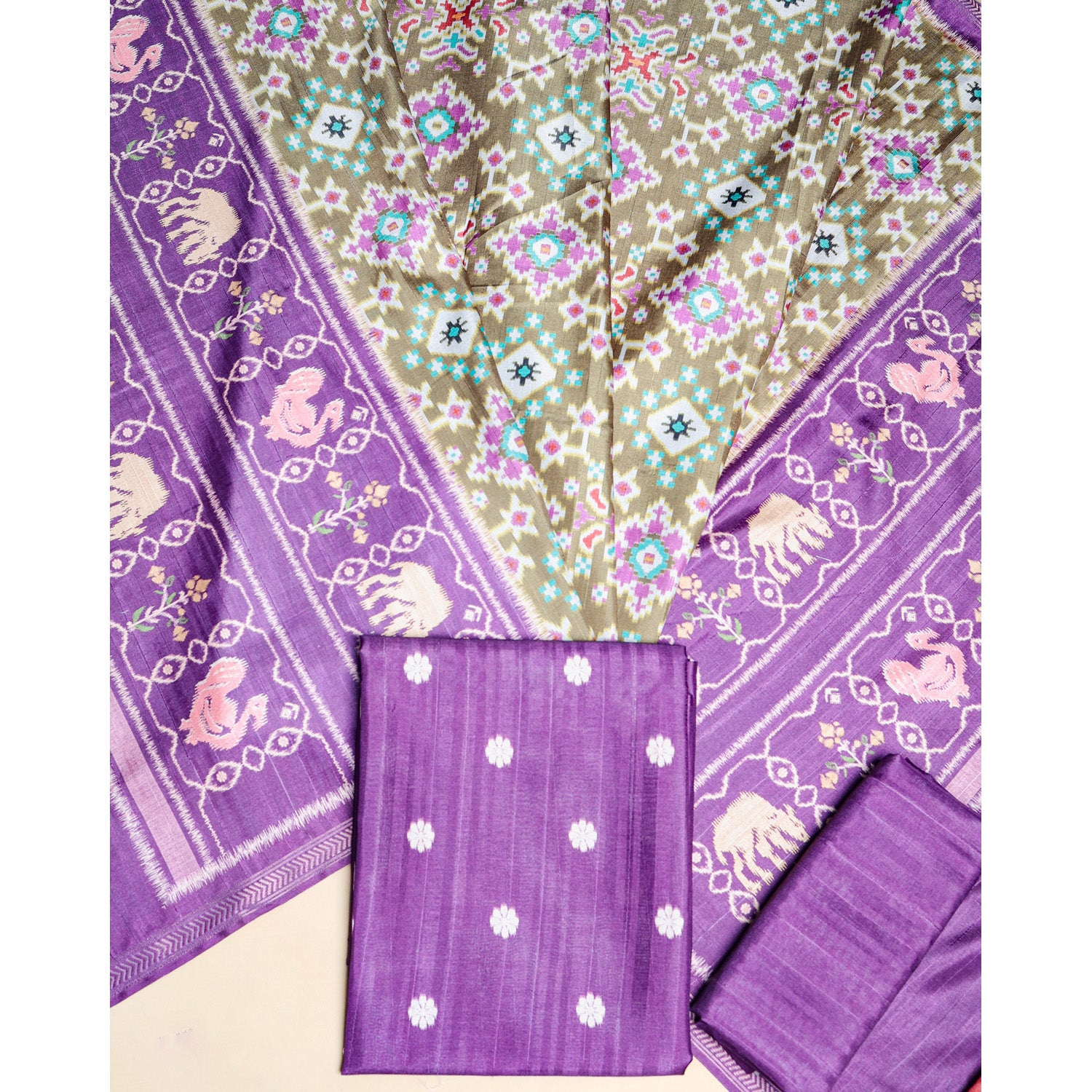 SEMI TUSSAR PRINTED IKAT SUIT SET