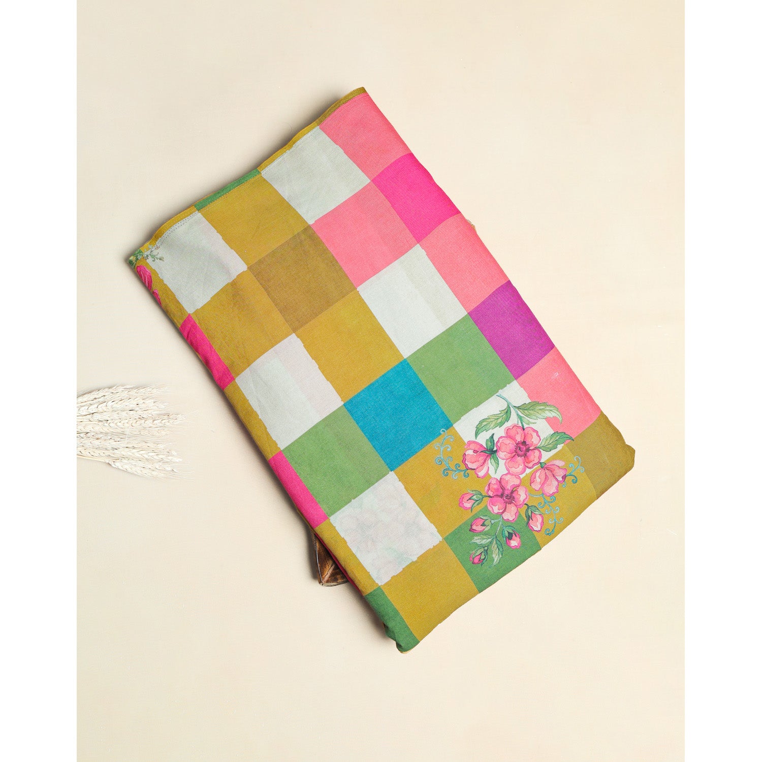 COTTON PRINTED CHECK'N'FLORAL FABRIC