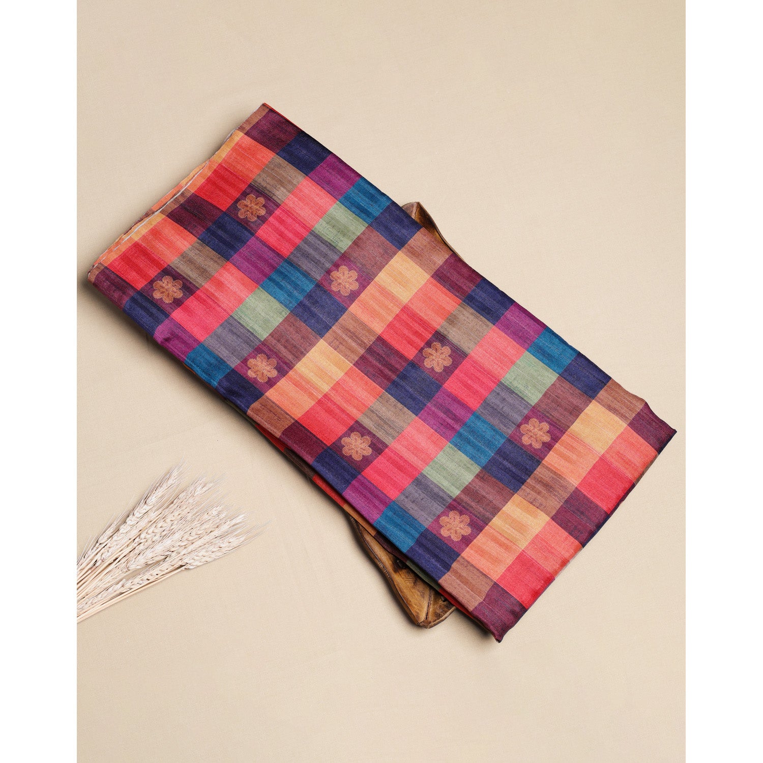 SEMI TUSSAR SILK SLUB MADRAS CHECKS KATTAM FABRIC
