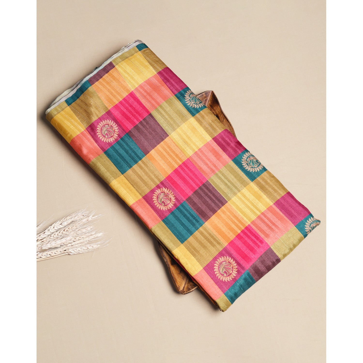 SEMI TUSSAR SILK SLUB MADRAS CHECKS KATTAM FABRIC
