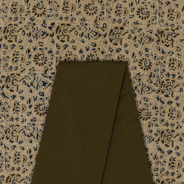Two Pc Set Of Cotton Natural Kalamkari Block Printed Fabric & South Cotton Mini Check Fabric [2.5 Mtr Each]