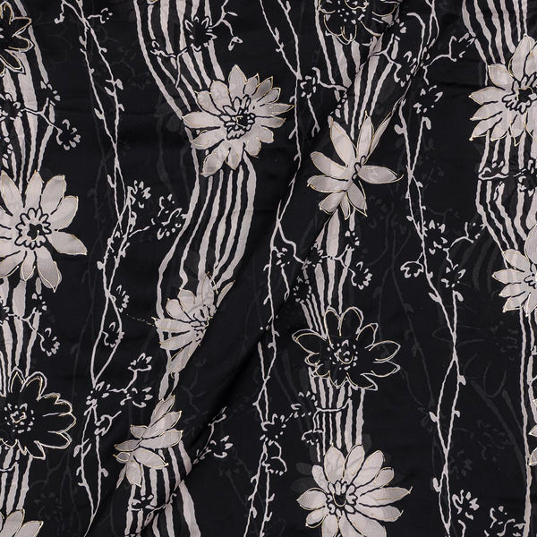 Tabby Silk Feel Black Colour Floral Print with Gold Foil 46 Inches Width Fabric