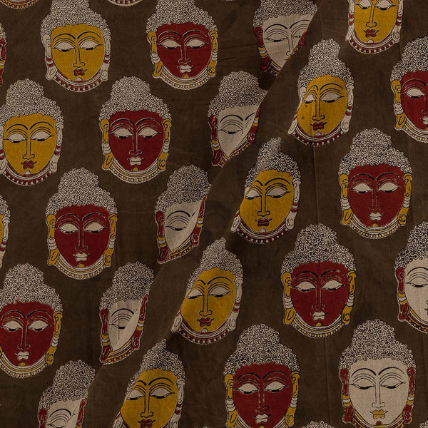 Cotton Olive Colour Buddha Face Motif Print Kalamkari 46 Inches Width Fabric