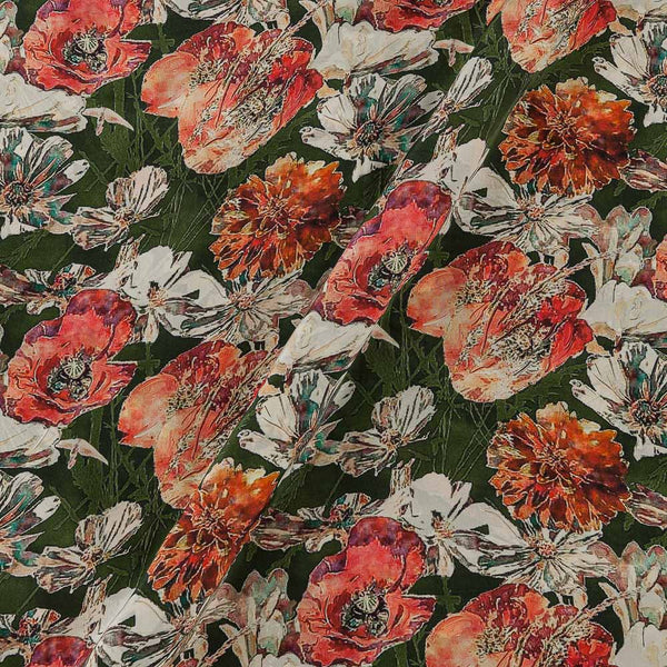 Floral Prints on Moss Green Colour Crepe Silk Feel 43 Inches Width Viscose Fabric
