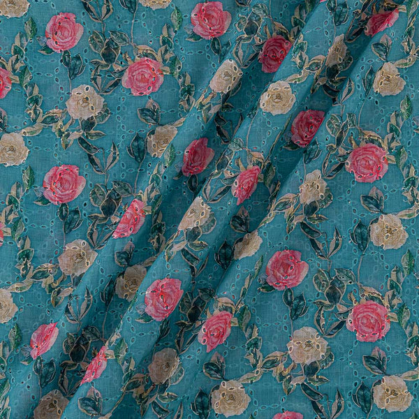 Cotton Linen Feel All Over Schiffli Cut Work Aqua Colour Floral Jaal Print Fancy Fabric Online 2241CX