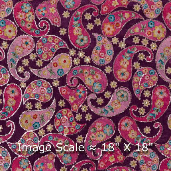 Chinon Chiffon Wine Colour Paisley Print with Sequins Embroidered Fabric