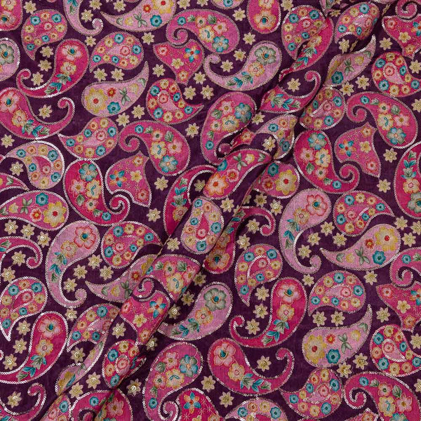 Chinon Chiffon Wine Colour Paisley Print with Sequins Embroidered Fabric