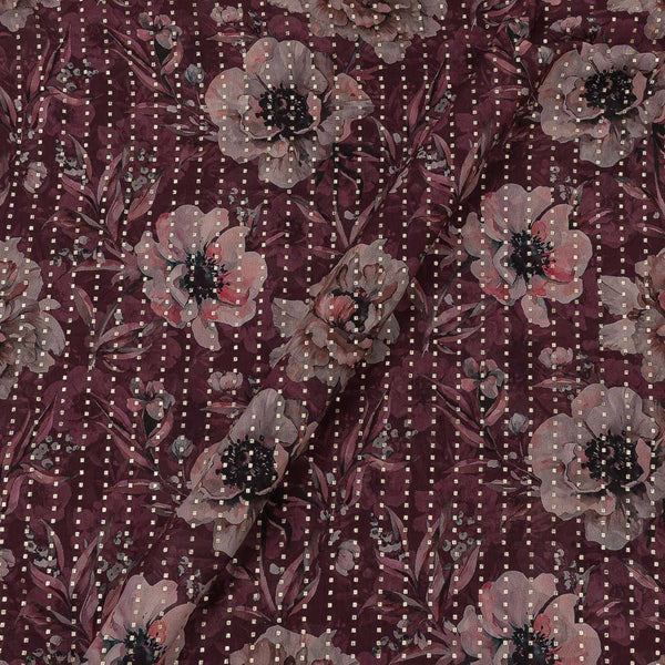 Georgette Wine Colour Gold Foil with Floral Print Fabric Online 3266A2