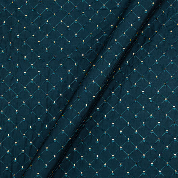 Silk Feel Thread Checks with Tikki Embroidered Teal Blue Colour 43 Inches Width Fabric