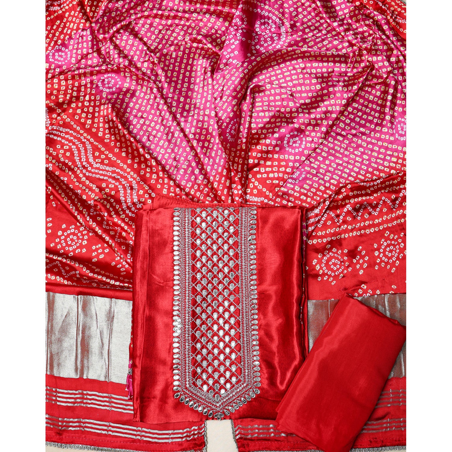 PURE GAJJI SILK BANDHANI PRINTED SUIT SET