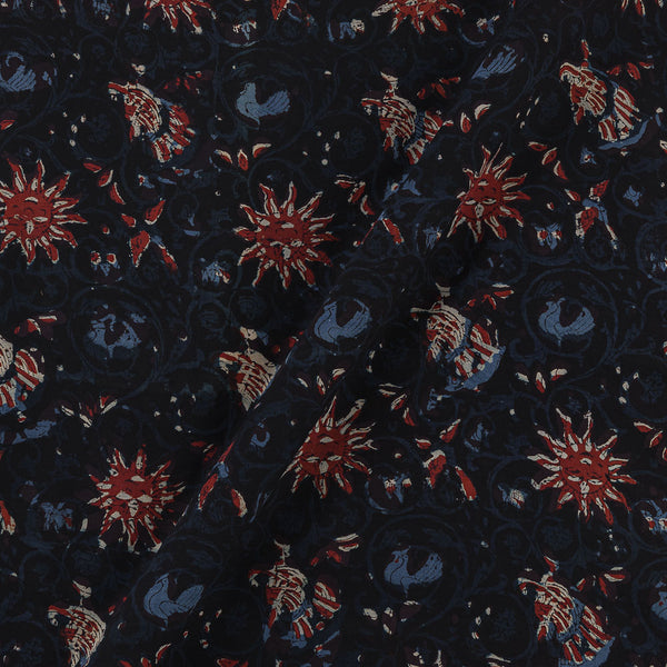 Assam Silk Black Colour Floral Hand Block Print Fabric Online 9011AB