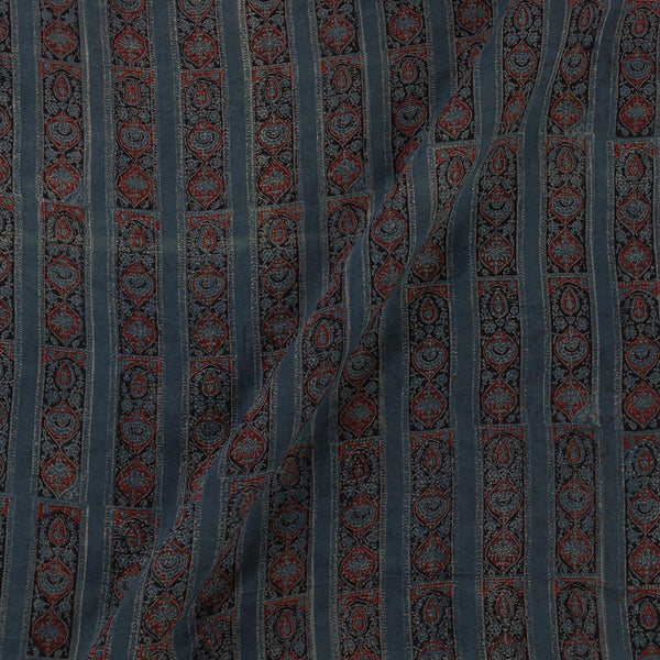 Assam Silk Steel Blue Colour All Over Border Hand Block Print Fabric Online 9011F2
