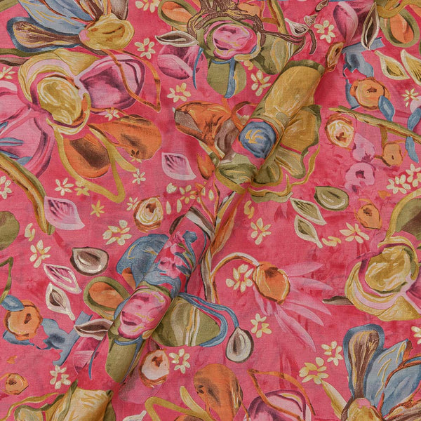 Fancy Modal Chanderi Silk Feel Pink Colour Gold Floral Print 43 Inches Width Fabric