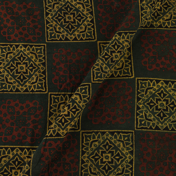 Unique Cotton Ajrakh Charcoal Green Colour Natural Dye Hand Block Print 42 Inches Width Fabric