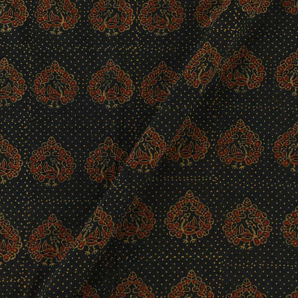 Unique Cotton Ajrakh Charcoal Green Colour Natural Dye Dots with Floral Hand Block Print Fabric Cut of 0.55 Meter