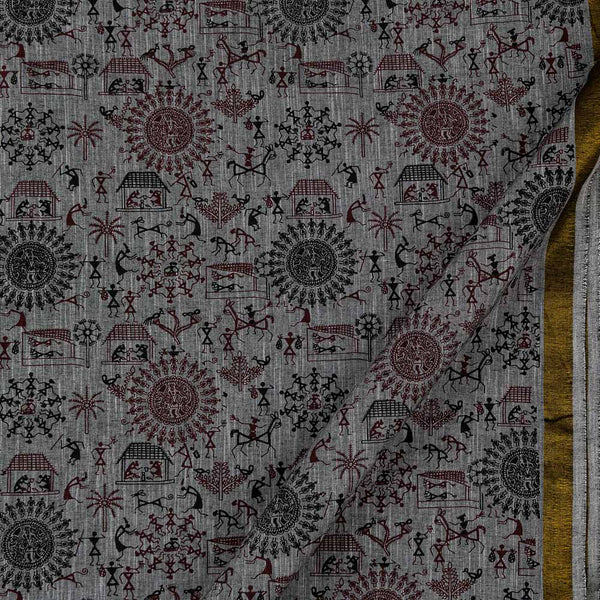 Warli Print on Two Side Bordered Two Ply Slub Cotton Grey X Black Cross Tone Fabric Online 9483AL1