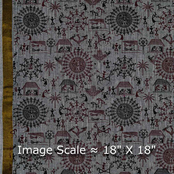 Warli Print on Two Side Bordered Two Ply Slub Cotton Grey X Black Cross Tone Fabric Online 9483AL1