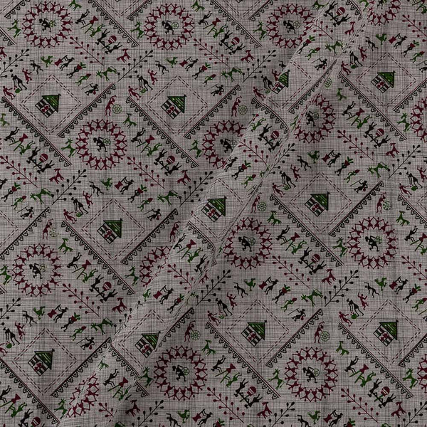 Warli Print on Grey X Black Cross Tone Pigment Katri Cotton Fabric Online 9483AM3