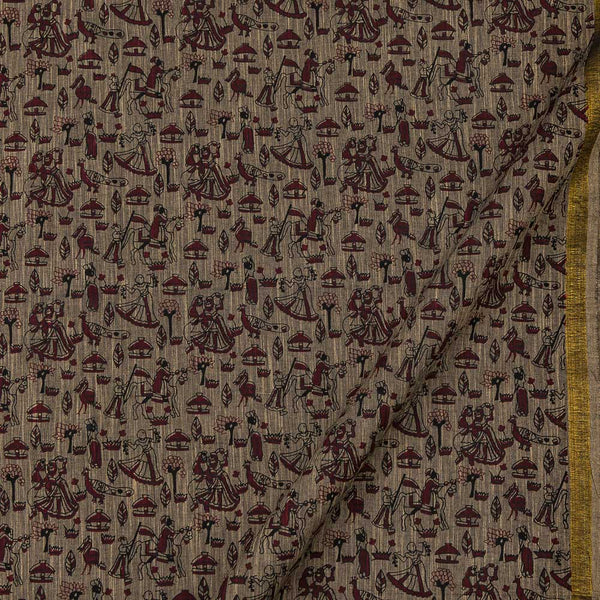 Warli Print on Two Side Bordered Slub Cotton Beige X Black Cross Tone Fabric Online 9483AY2