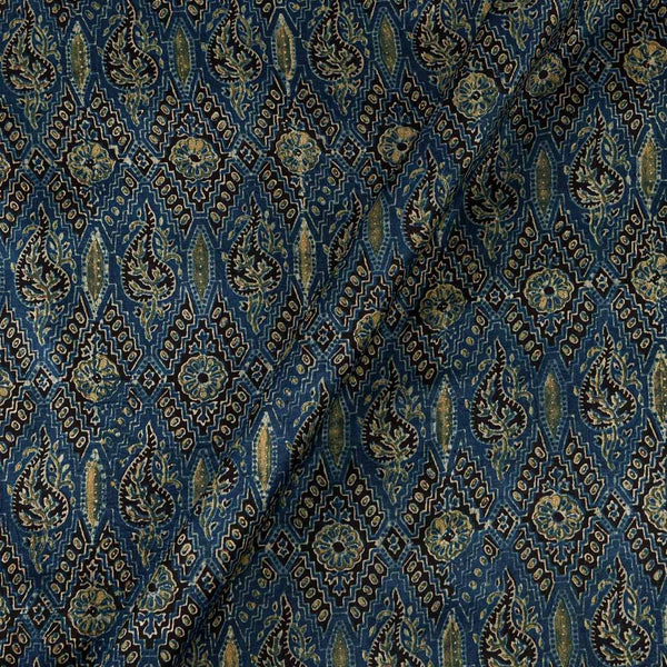 Ajrakh Pattern Natural Dyed Mashru Gaji Steel Blue Colour Block Print Fabric Online 9506TX