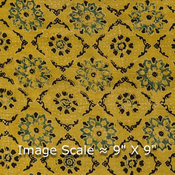 Ajrakh Pattern Natural Dyed Mashru Gaji Mustard Yellow Colour Block Print Fabric