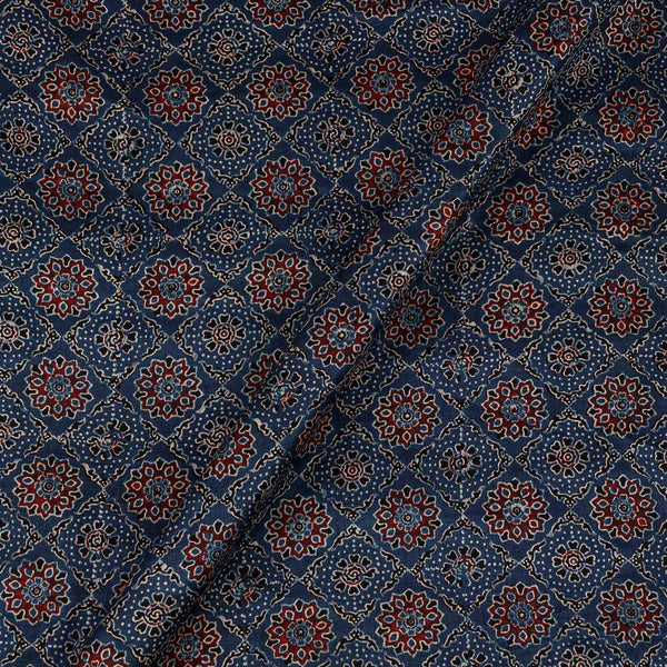 Ajrakh Pattern Natural Dyed Mashru Gaji Steel Blue Colour Block Print Fabric