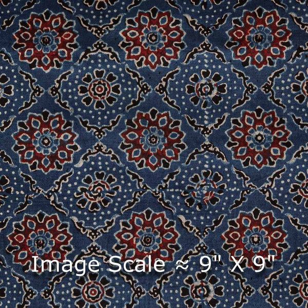 Ajrakh Pattern Natural Dyed Mashru Gaji Steel Blue Colour Block Print Fabric