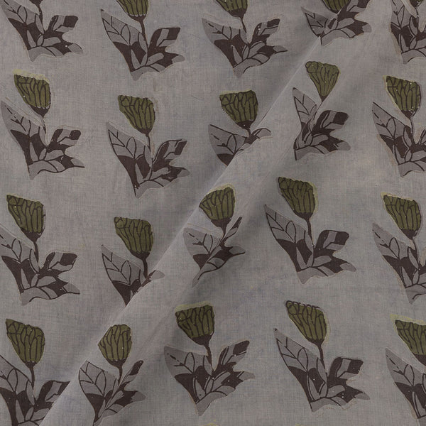 Assam Silk Feel Vanaspati [Natural Dye] Ash Grey Colour Floral Hand Block Print Fabric Online 9568CT4