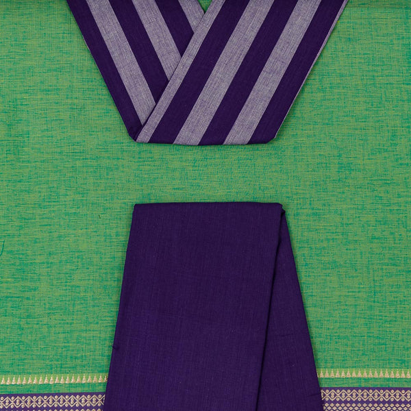 Green X Blue Cross Tone Jacquard Border Cotton Top, Deep Purple Colour South Cotton Dupatta and Bottom Unstitched Three Piece Dress Material Online ST-9579R-7000G
