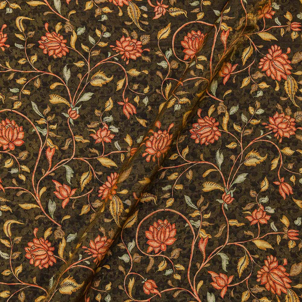 Premium Golden Self Jacquard with Jaal Kalamkari Print on Dark Olive Colour Dolla Silk Feel Viscose Fabric Online 9682AC