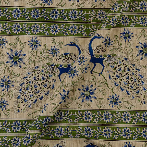 Peacock Motif Print on Beige Colour Slub Katri Fancy Cotton Silk Fabric Online 9694AQ