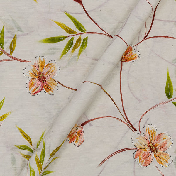 Hand Brush Floral Print with White Foil on Off White Colour Spun Dupion (Artificial Silk) Fabric Online 9757N