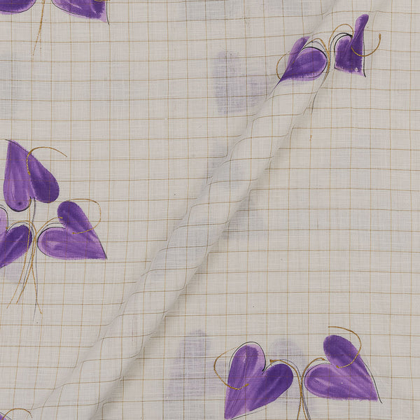 Hand Brush Floral Print with Gold Foil on Off White Colour Checks Slub Cotton Fabric Online 9757R