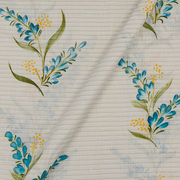 Hand Brush Floral Print with Gold Foil on Off White Colour Stripes Slub Cotton Fabric Online 9757T