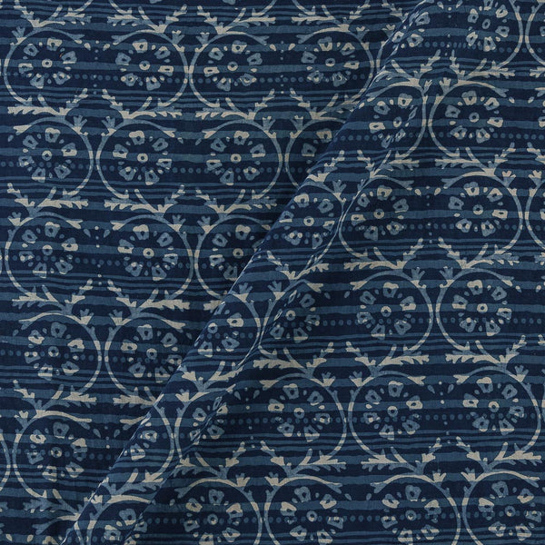 Cotton Dabu Indigo Colour Floral with Stripes Double Block Print Fabric Cut of 0.75 Meter