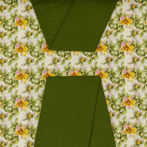 Pale Yellow Colour Printed Cotton Top, Mehendi Green Colour South Cotton Dupatta and Bottom Unstitched Three Piece Dress Material Online ST-9978ET2-7000S