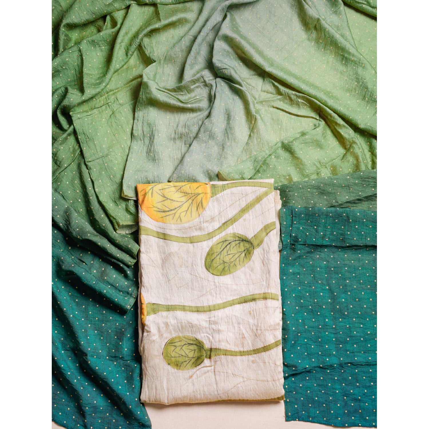 BRUSH PAINTED MOGRA CHANDERI SUIT SET