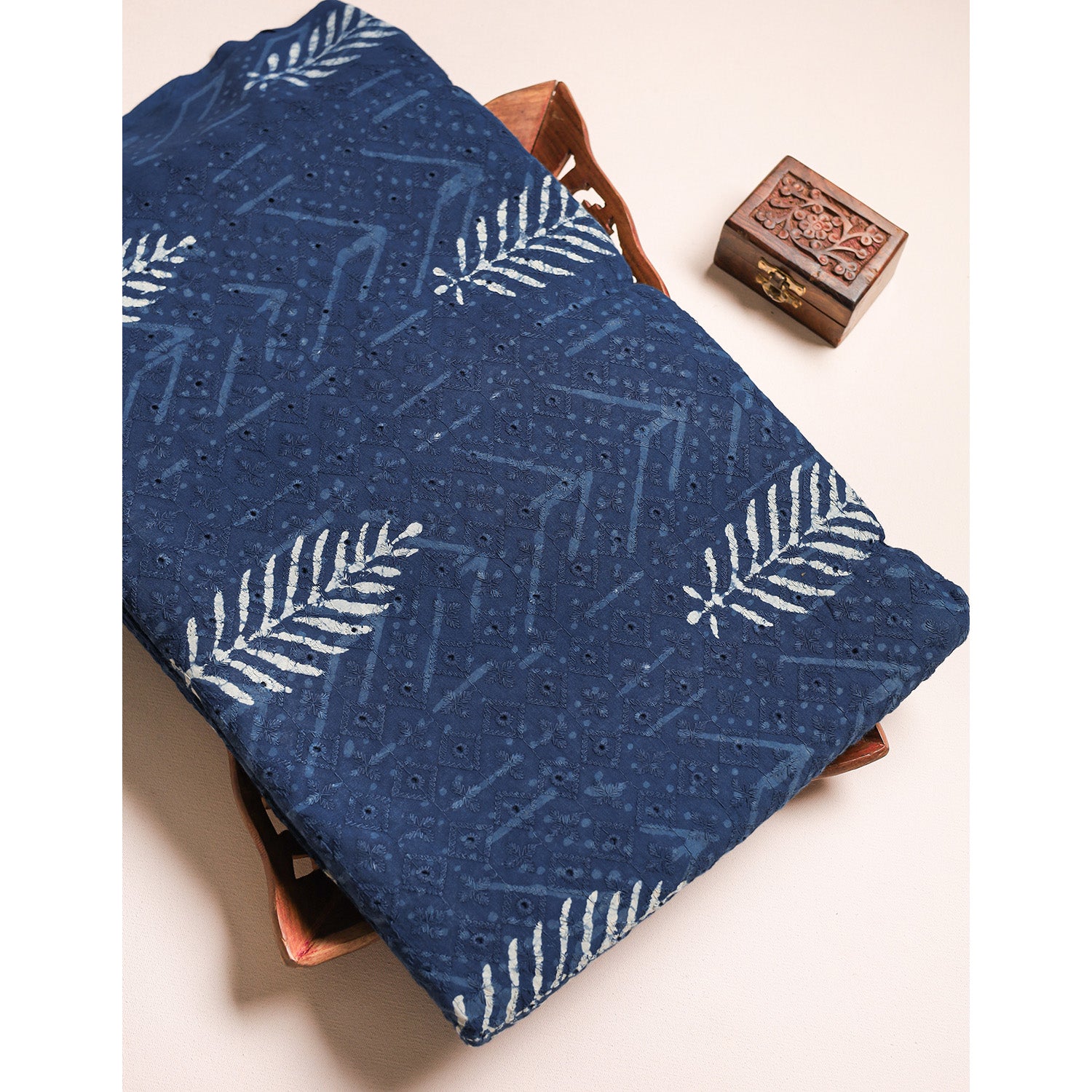 INDIGO COTTON SCHIFFLI HANDBLOCK PRINTED FABRIC