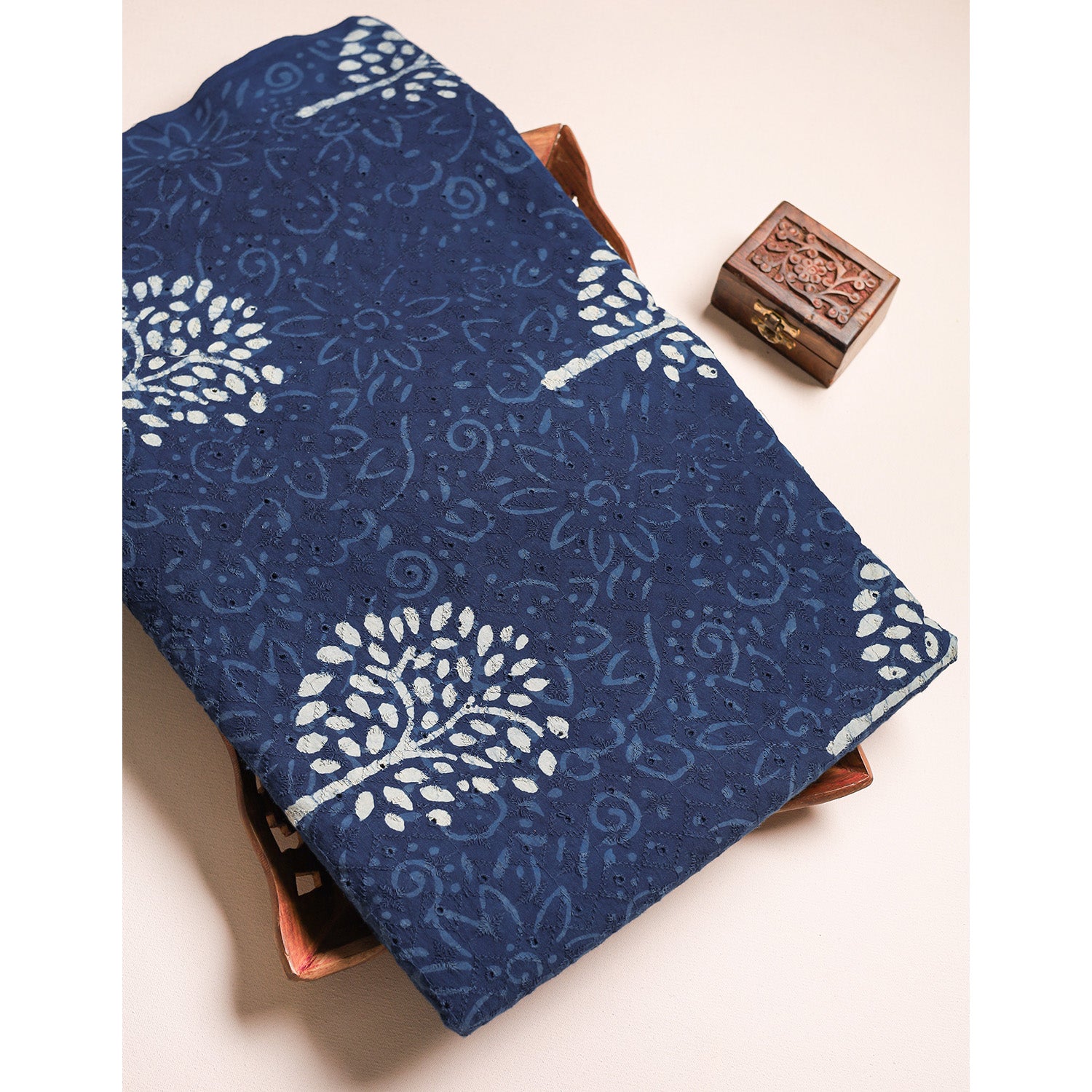 INDIGO COTTON SCHIFFLI HANDBLOCK PRINTED FABRIC