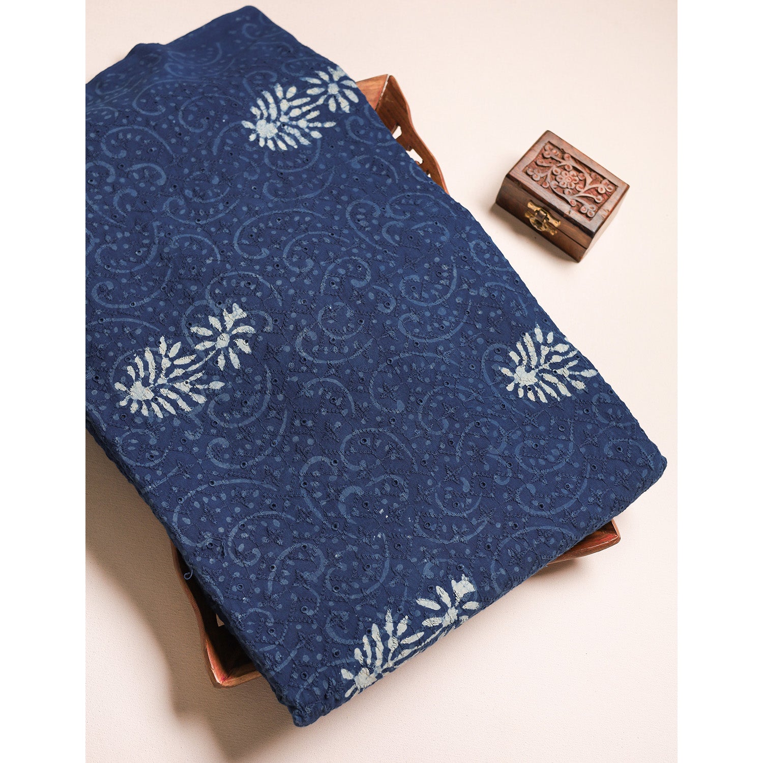 INDIGO COTTON SCHIFFLI HANDBLOCK PRINTED FABRIC