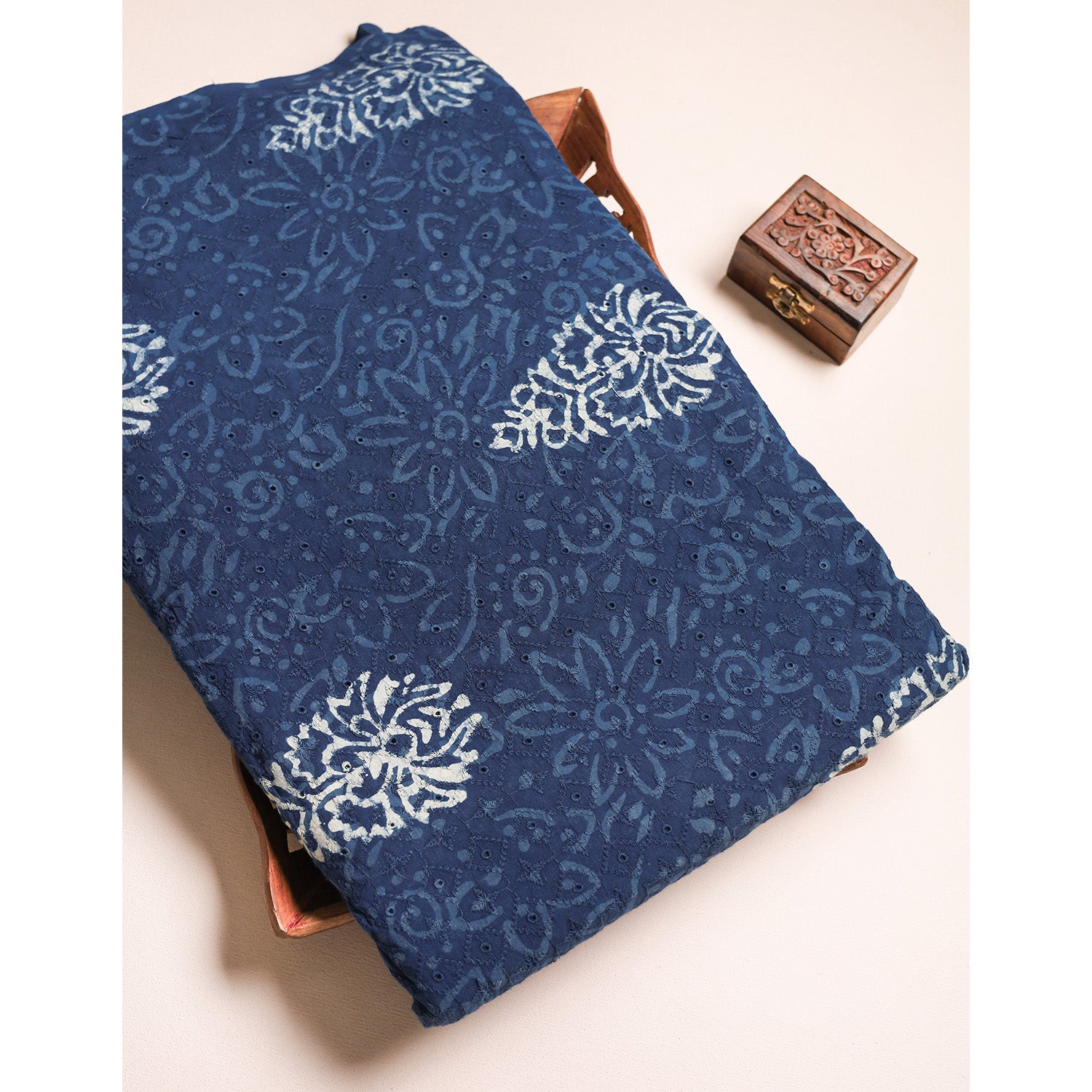 INDIGO COTTON SCHIFFLI HANDBLOCK PRINTED FABRIC