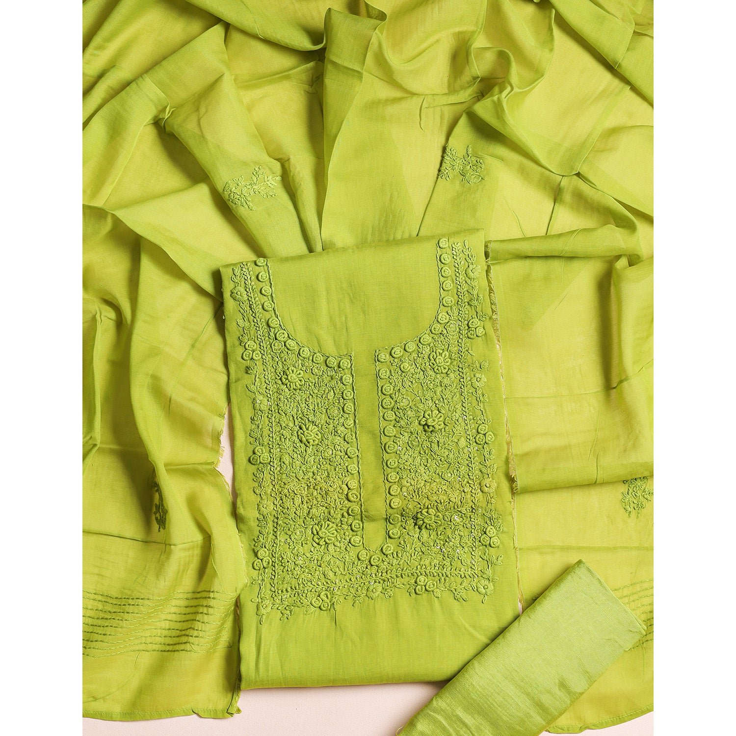 MUL CHANDERI EMBROIDERED SUIT SET