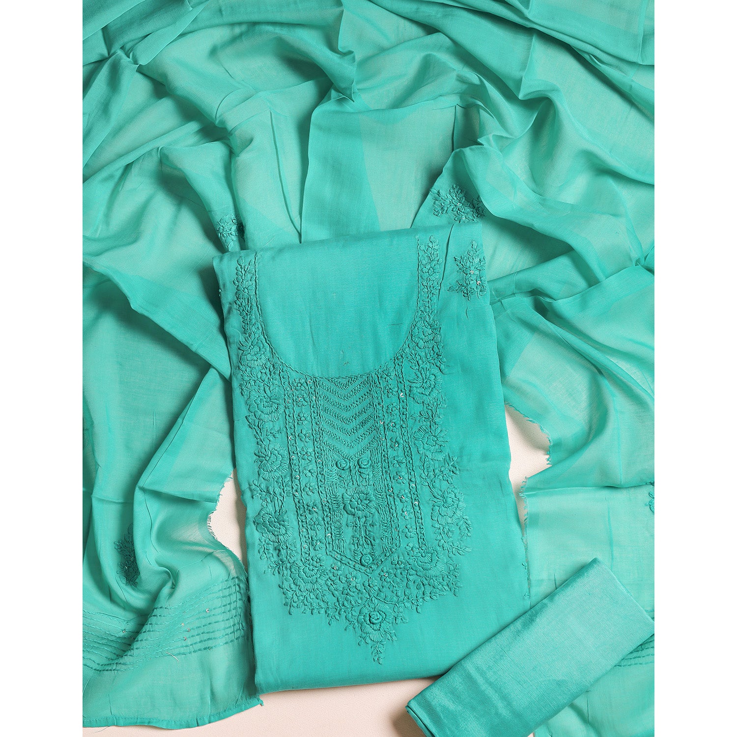 MUL CHANDERI EMBROIDERED SUIT SET