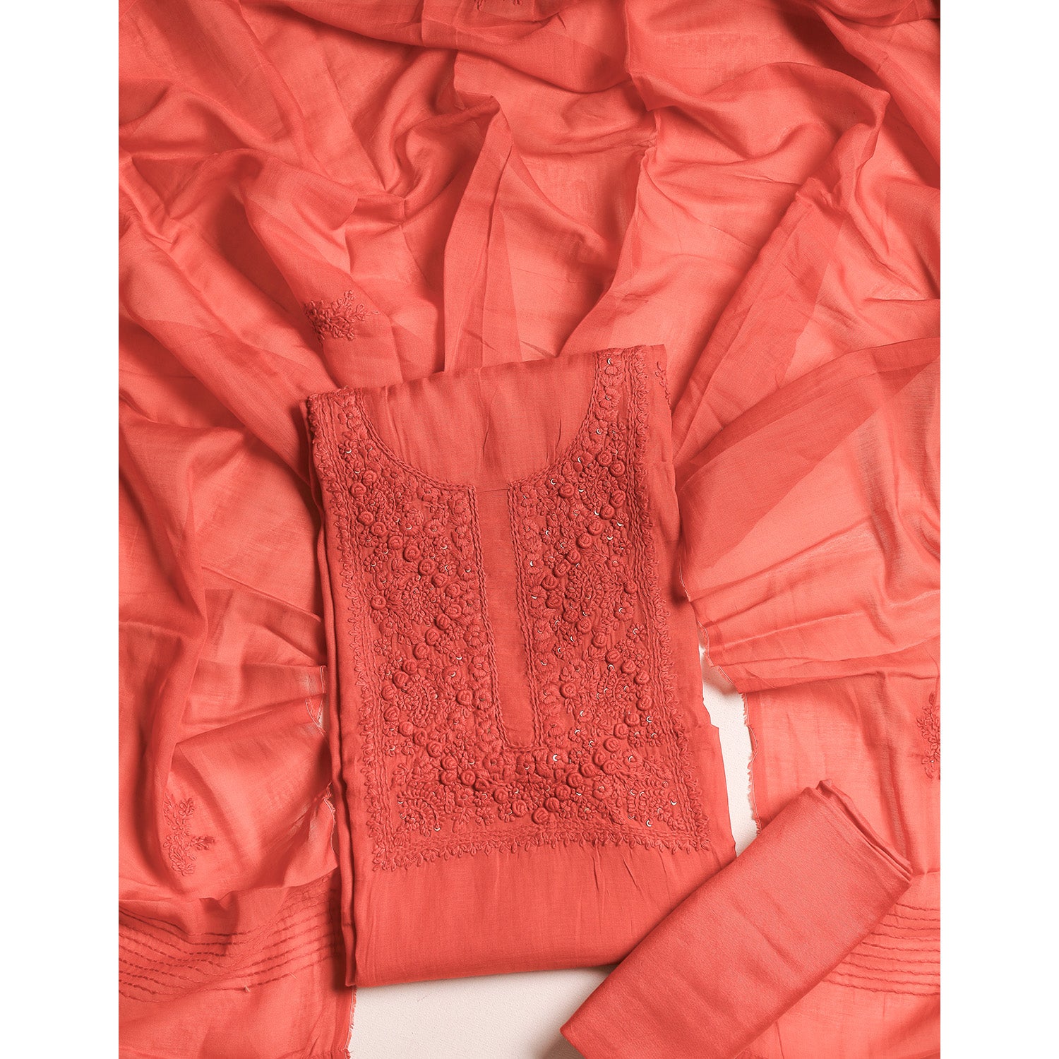 MUL CHANDERI EMBROIDERED SUIT SET