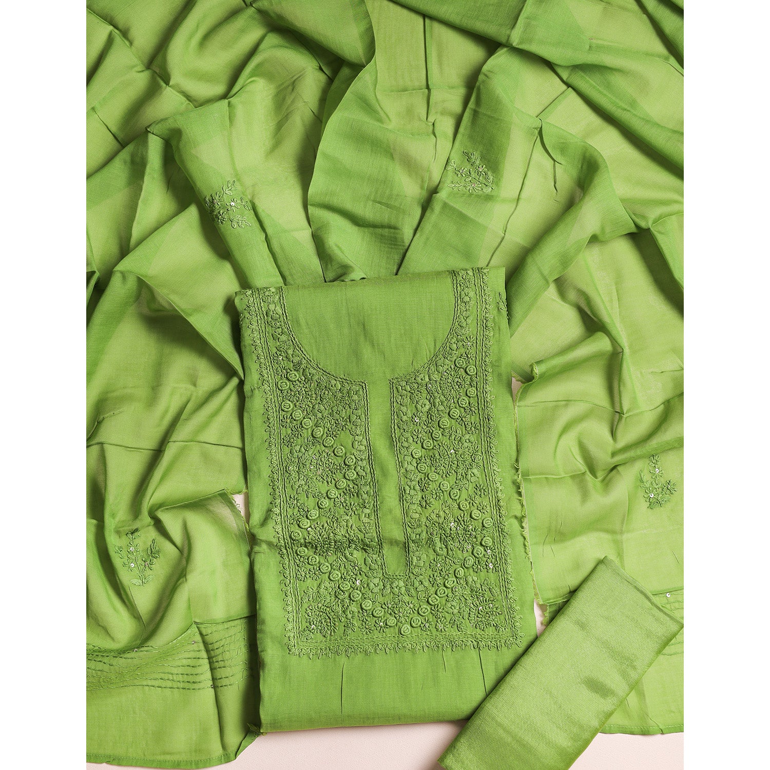 MUL CHANDERI EMBROIDERED SUIT SET