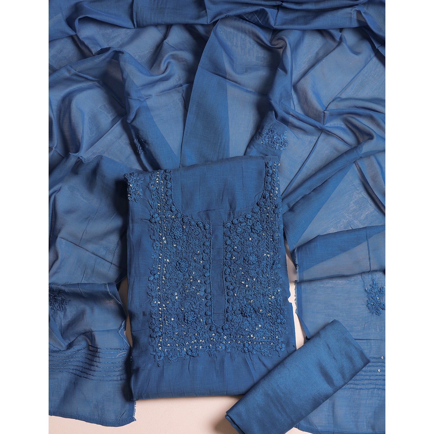 MUL CHANDERI EMBROIDERED SUIT SET