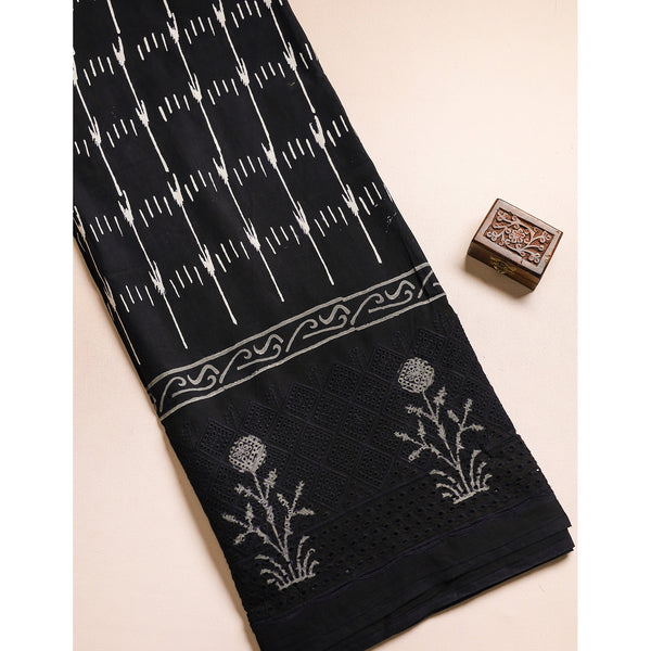 COTTON HANDBLOCK PRINTED SCHIFFLI BORDER FABRIC