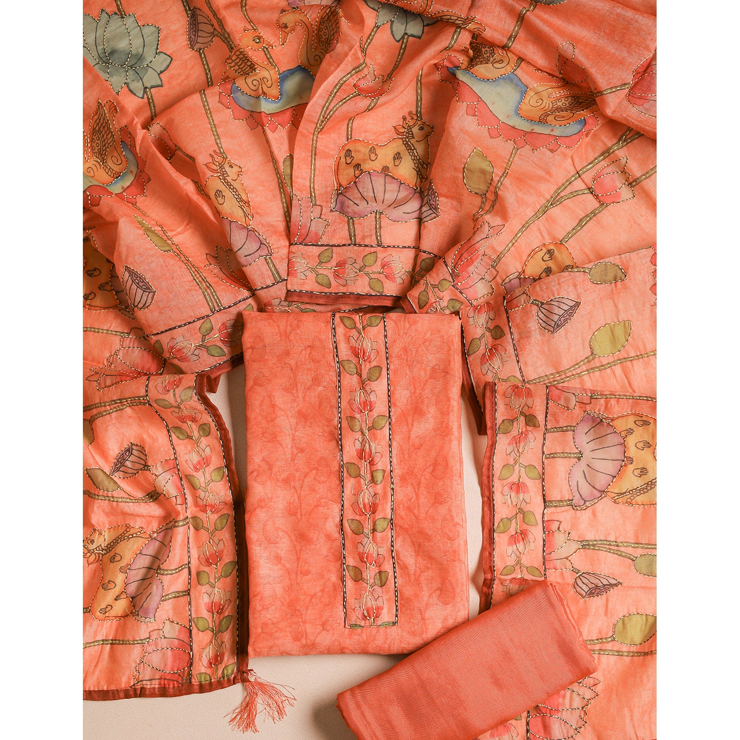 CHANDERI KALAMKARI KANTHA WORK SUIT SET