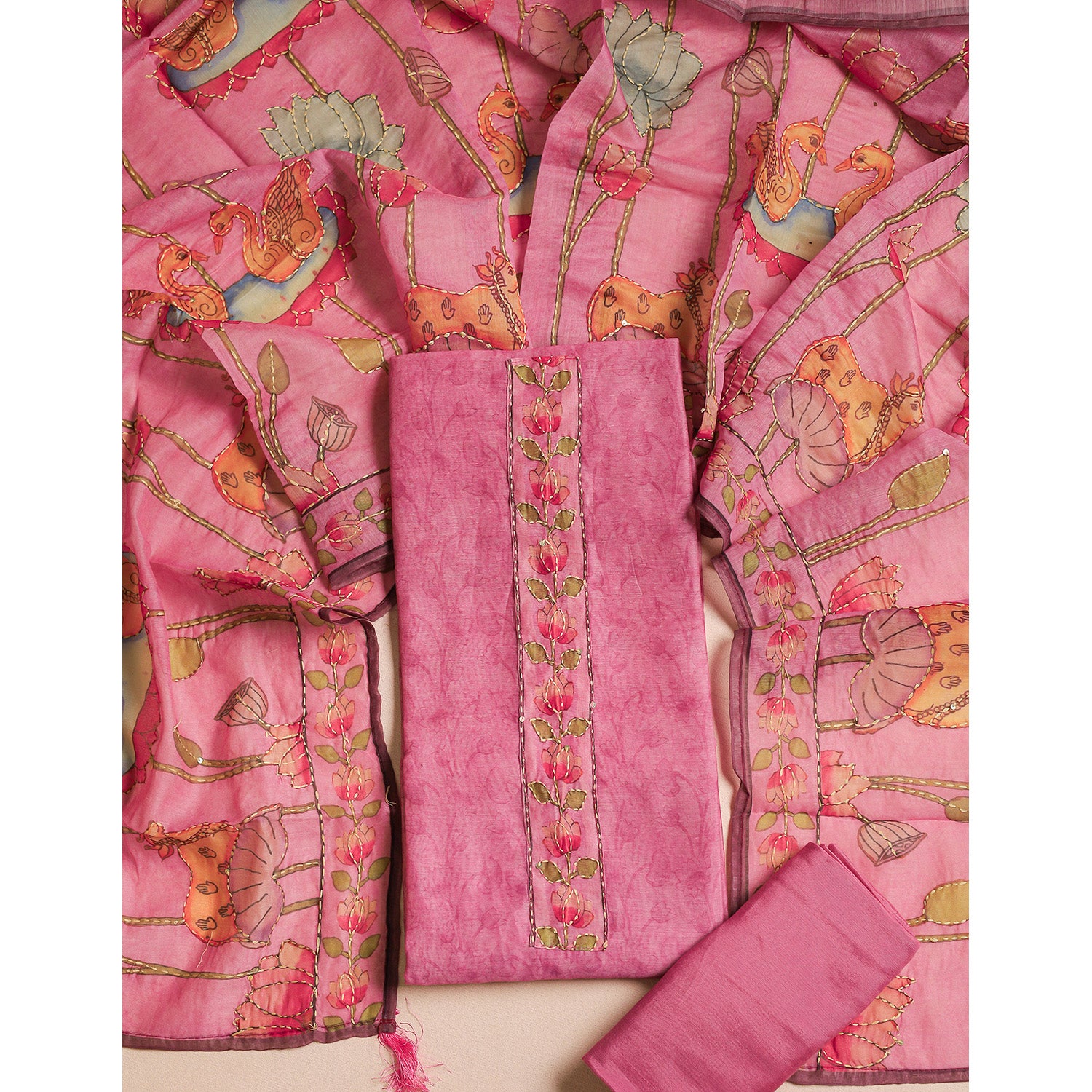 CHANDERI KALAMKARI KANTHA WORK SUIT SET